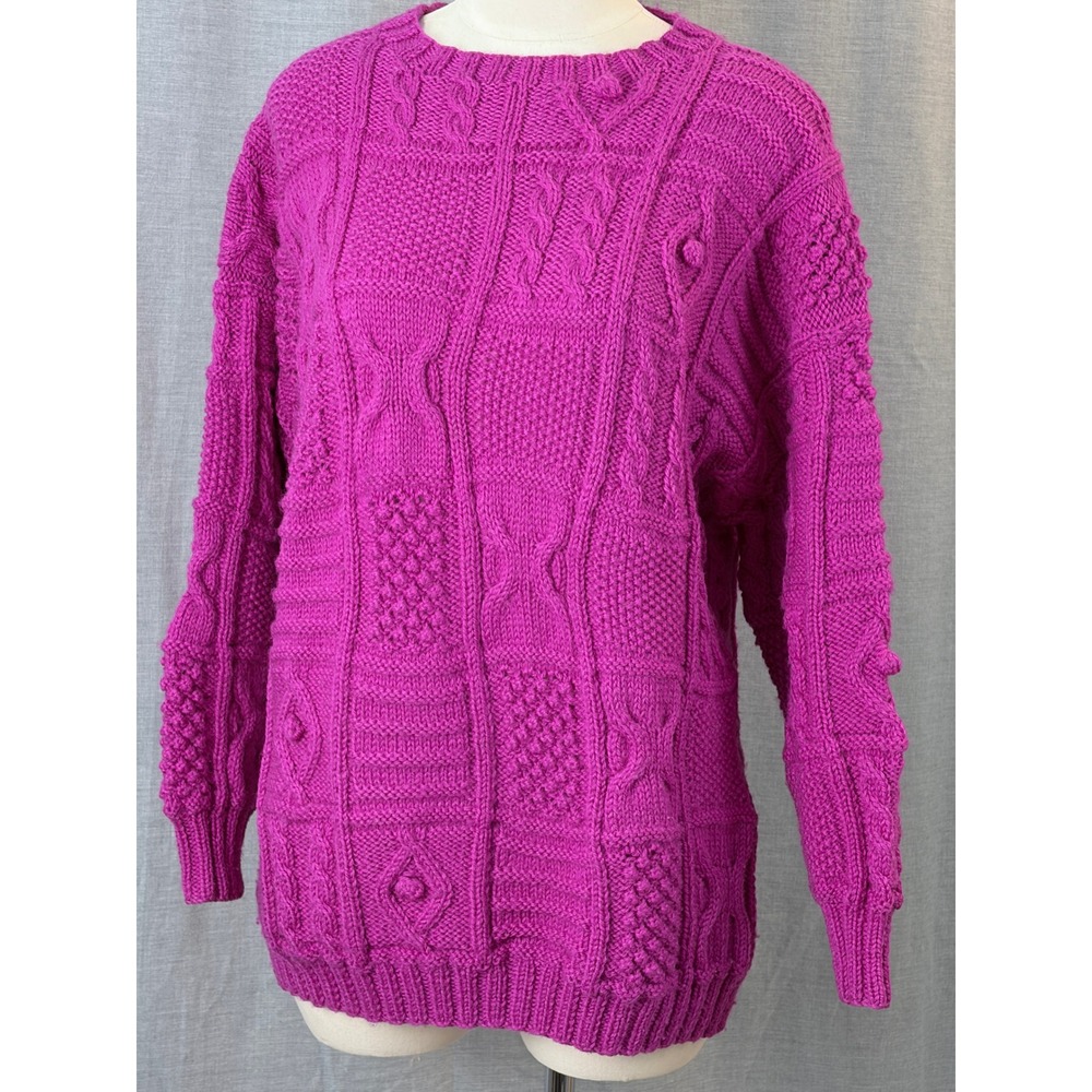 Mary‎ Smith Ireland Fuchsia Cable Knit Wool Sweater Hand Knit Fisherman Bauble